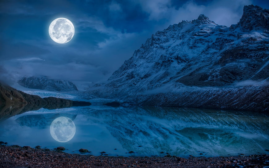 Full Moon Reflection on Mountain Lake at Night