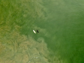 Aerial view of surfer in green ocean water