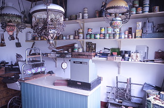Vintage General Store Interior with Antique Cash Register and Shelves