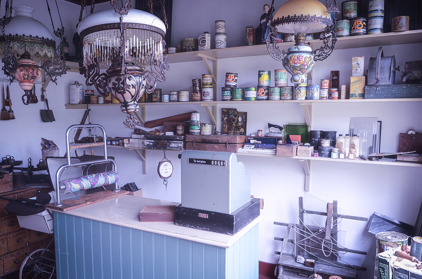 Vintage General Store Interior with Antique Cash Register and Shelves