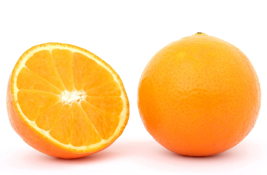 Fresh Orange Fruit Whole and Halved on White Background