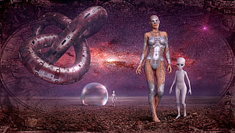 Futuristic cyborg woman and alien child in cosmic landscape