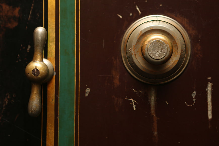 Vintage Brass Safe Dial and Handle Close-Up