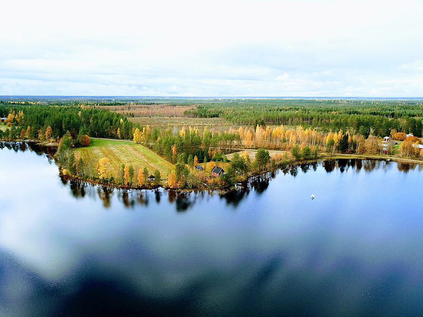 Aerial View of Serene Lake with Autumn Forest and Cabin