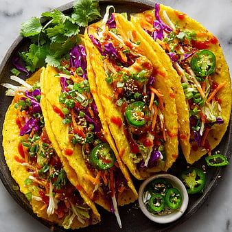 Colorful Vegan Tacos with Fresh Vegetables and Spicy Sauce