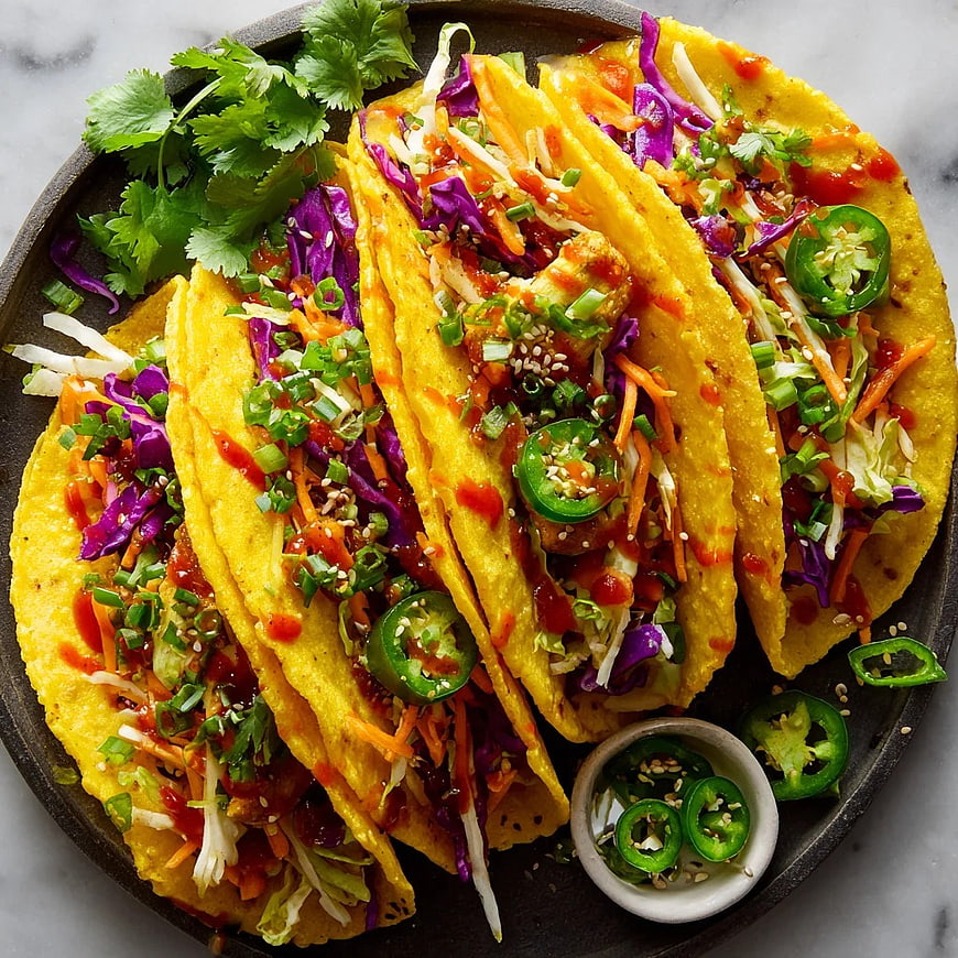 Colorful Vegan Tacos with Fresh Vegetables and Spicy Sauce