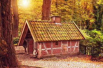 Charming Brick Cottage In Autumn Forest With Tile Roof