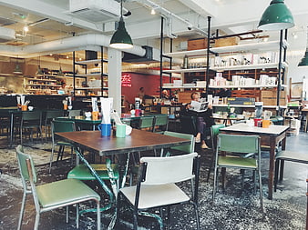 Industrial Style Cafe Interior with Vintage Furniture and Patrons