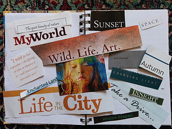 Vision board collage with inspirational quotes and magazine clippings