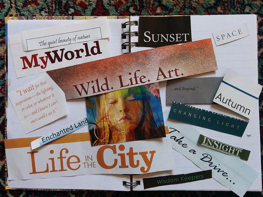 Vision board collage with inspirational quotes and magazine clippings