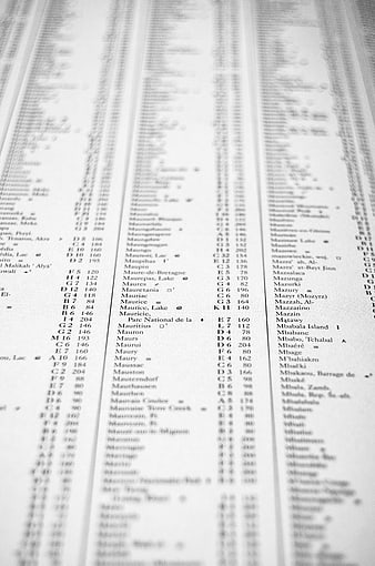 Close-up of a printed index page with columns of text and data