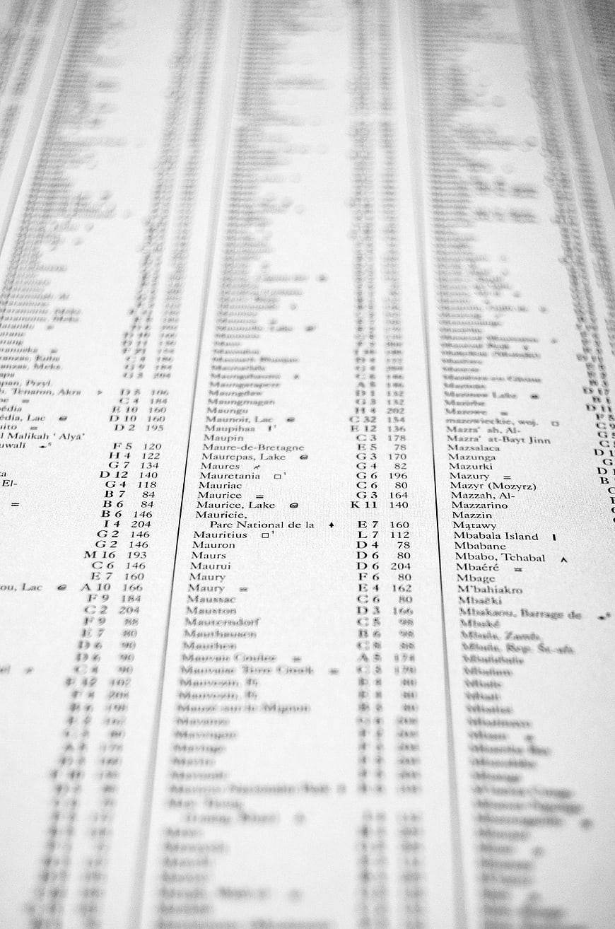 Close-up of a printed index page with columns of text and data