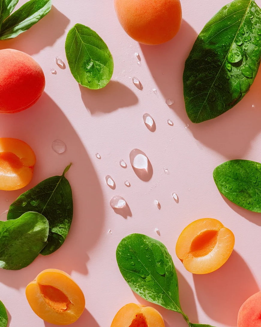 Fresh Apricots and Green Leaves on Pink Background