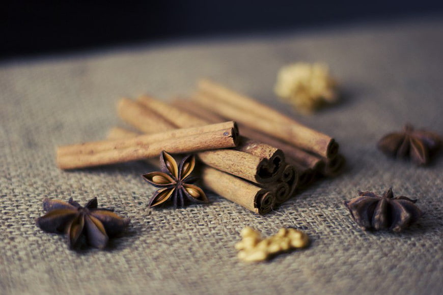 Cinnamon Sticks, Star Anise, and Ginger on Burlap