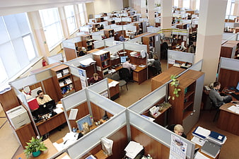 High angle view of busy open plan office with employees working