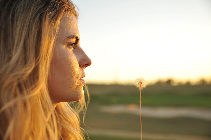 Young Woman Profile Gazing at Dandelion in Golden Hour