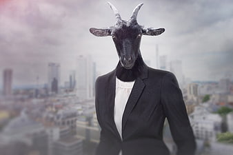 Goat Head Business Woman in Suit with City Skyline Background