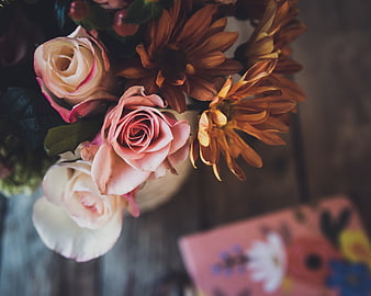 Rustic Floral Bouquet with Pink Roses and Orange Chrysanthemums