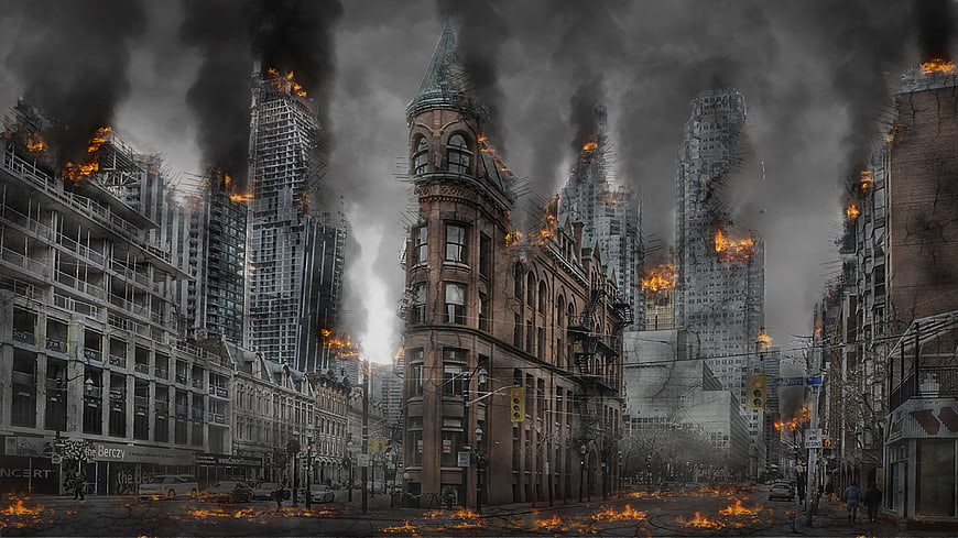 Apocalyptic Cityscape With Burning Buildings And Thick Black Smoke
