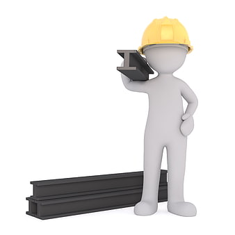 3D cartoon construction worker carrying steel I-beam on white background