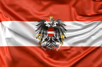 Austrian National Flag With Imperial Eagle Emblem On Waving Silk Fabric