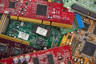 Close-up of vintage computer circuit boards and electronic components