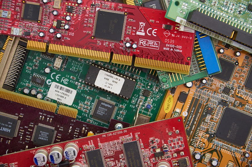 Close-up of vintage computer circuit boards and electronic components