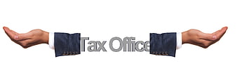 Businessman hands holding Tax Office text on white background