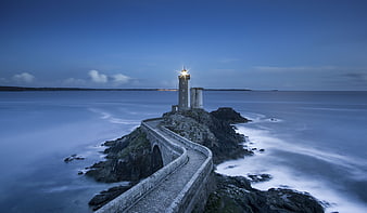 Lantern Tower Lighthouse at Dusk with Long Exposure Ocean