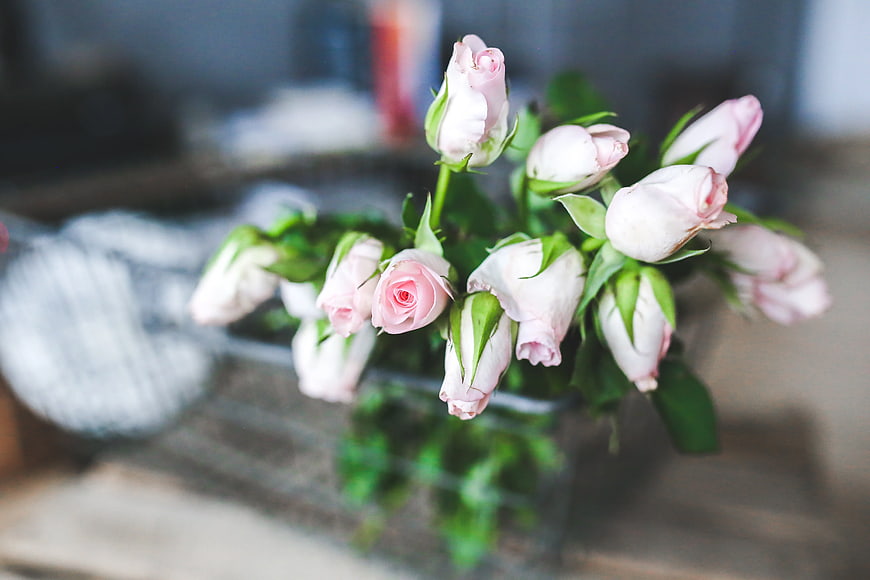 Pink rose buds in a wire basket