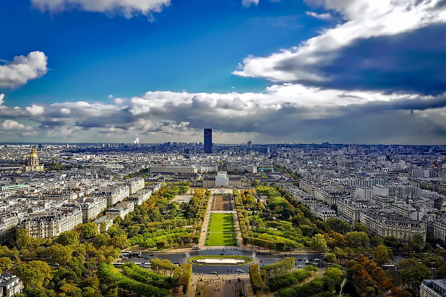 Aerial View of Paris Cityscape with Trocadero Gardens and Montparnasse Tower