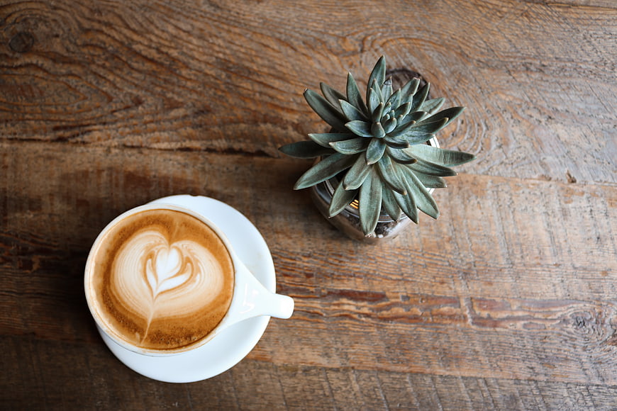Flat lay of latte art coffee and succulent on rustic wood