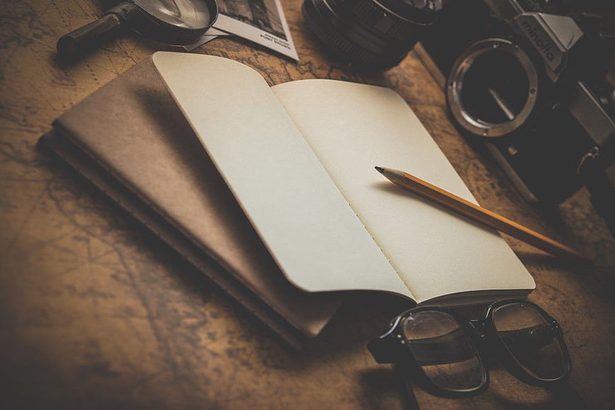 Vintage Camera, Notebook, and Glasses on Old Map