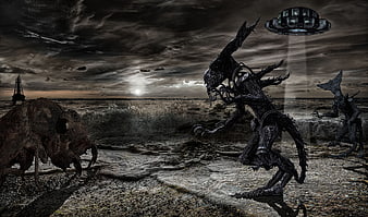 Dark Sci-Fi Alien Invasion Scene with UFO and Monsters