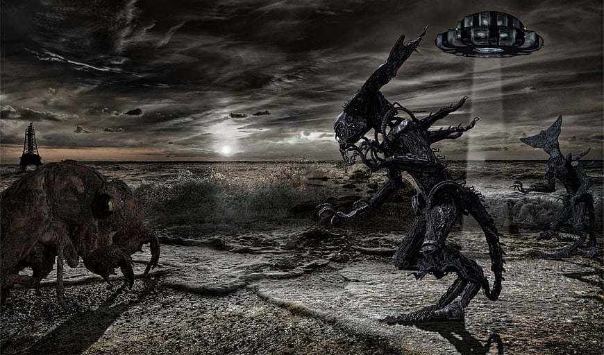 Dark Sci-Fi Alien Invasion Scene with UFO and Monsters