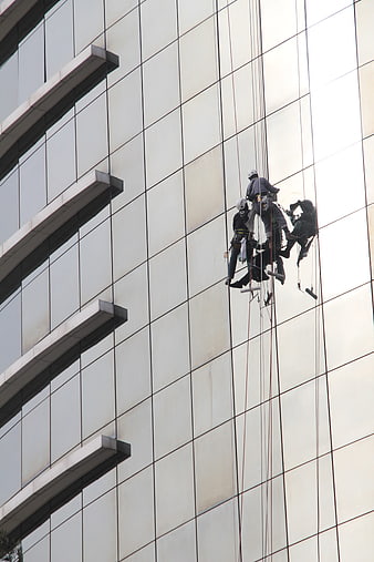 Window Cleaners Rappelling on Modern Glass Skyscraper Facade