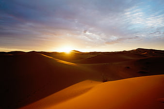 Golden Sunset Over Rolling Sand Dunes in Desert Landscape
