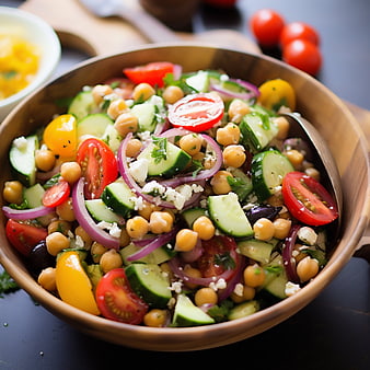 Fresh Mediterranean Chickpea Salad in Wooden Bowl