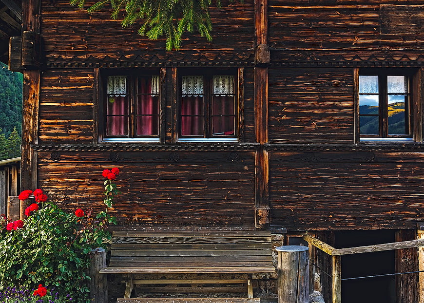 Rustic wooden chalet facade with red roses and bench