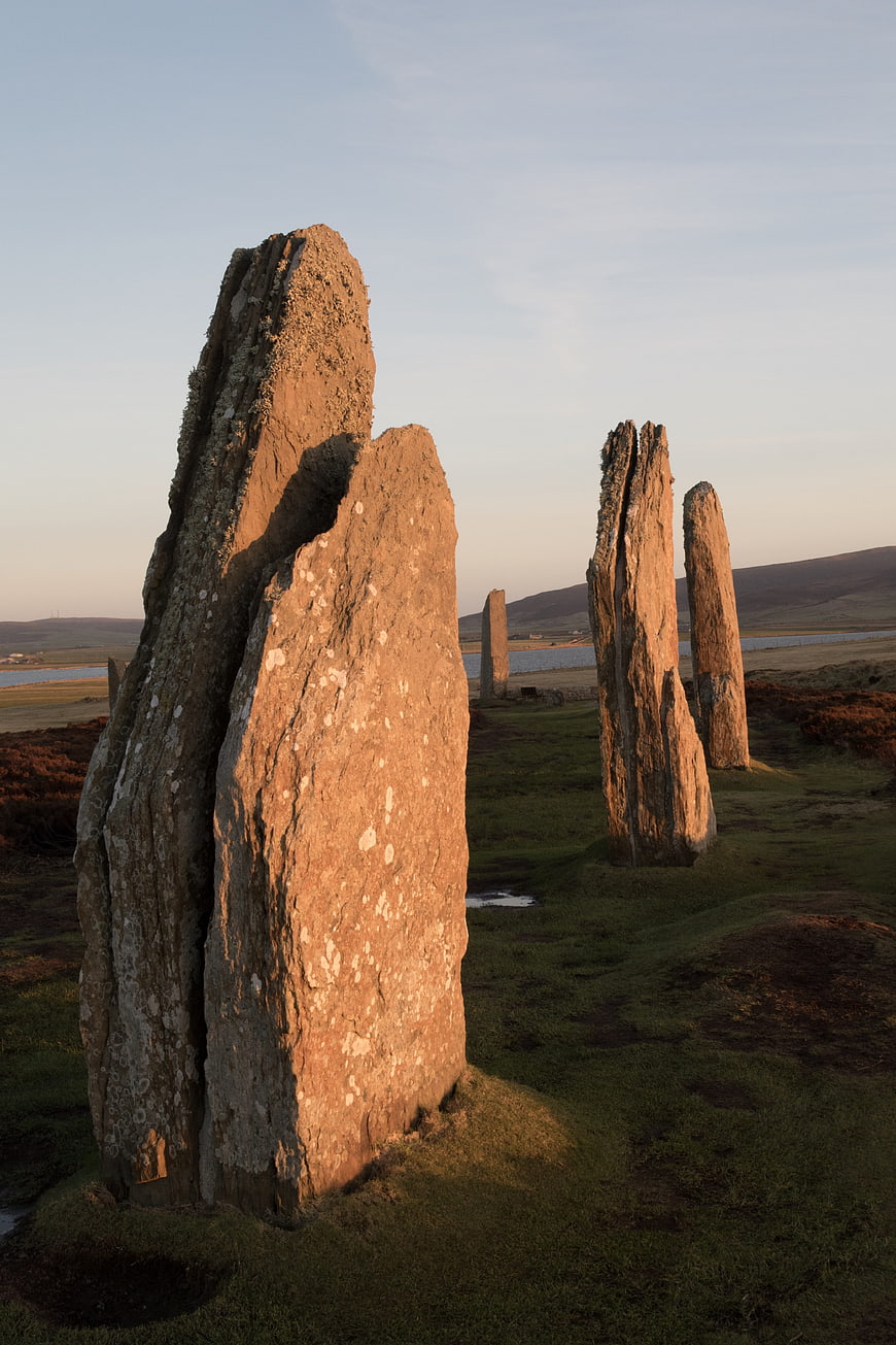 Ancient standing stones in golden hour light, Scotland
