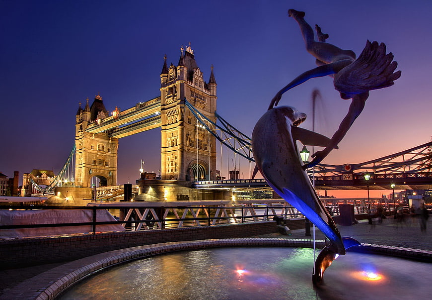 Tower Bridge London at Dusk with Fountain Sculpture