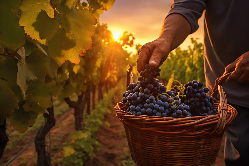 Harvesting Grapes in Vineyard at Sunset