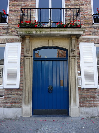 Blue Door Entrance with Red Flowers on Brick Building