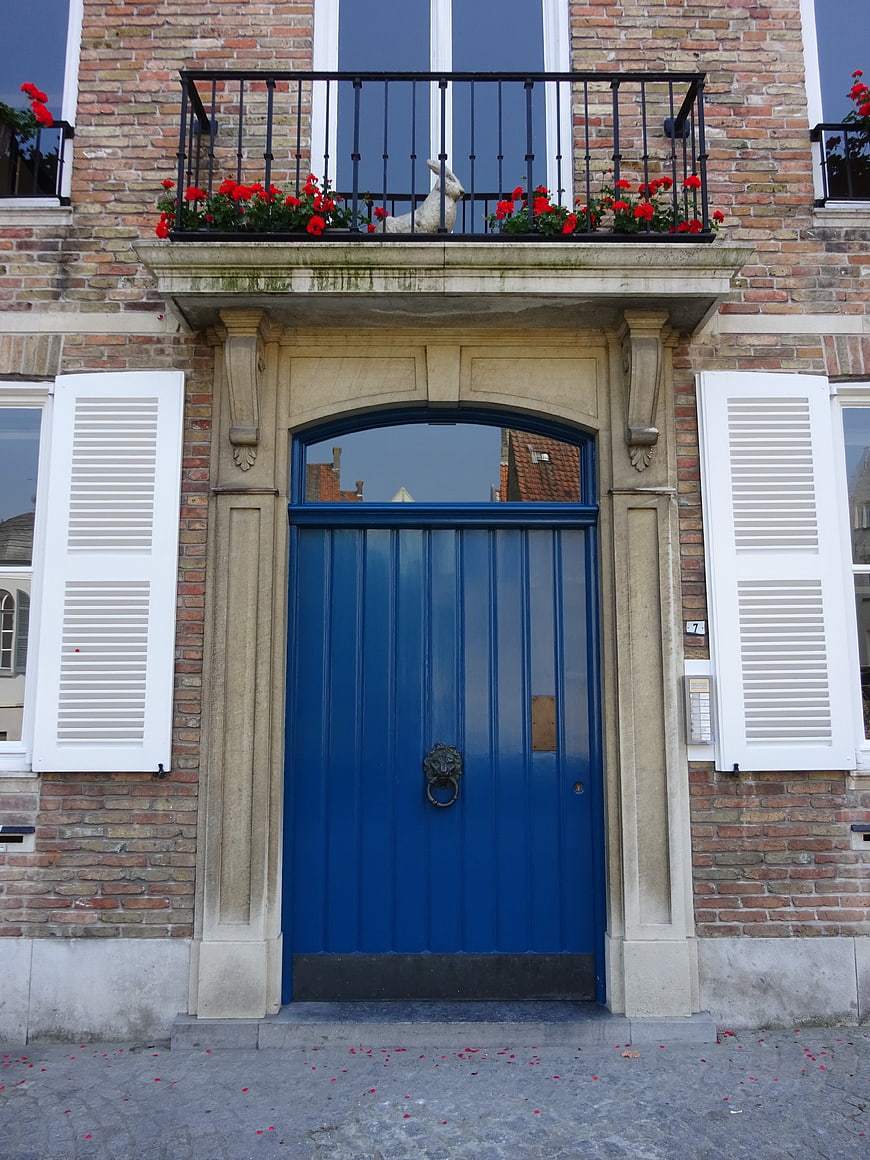 Blue Door Entrance with Red Flowers on Brick Building
