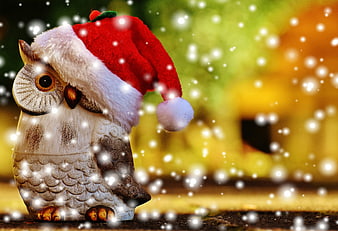 Cute Owl Figurine Wearing Santa Hat with Snow Effect