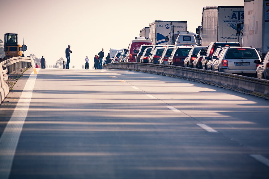 Highway Traffic Jam with Construction and Pedestrians