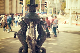 Ornate Seahorse Lamp Post on Busy London Street