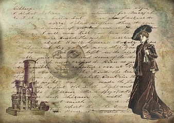 Vintage Victorian Lady and Steam Engine on Handwritten Letter Background