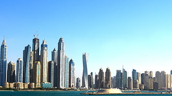 Dubai Marina Skyline with Skyscrapers and Blue Sky