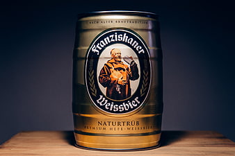 Franziskaner Weissbeer Mini Keg on Wooden Table
